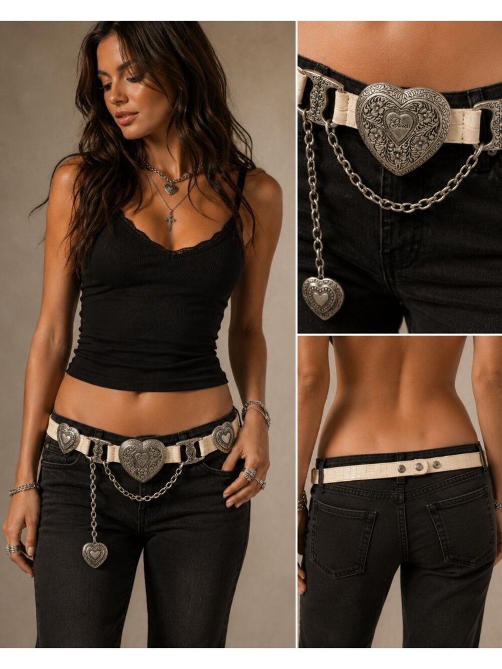 Y2K GUESS Heart Concho Belt Ivory Croc Silver Chain Western Hip Belt Size Small